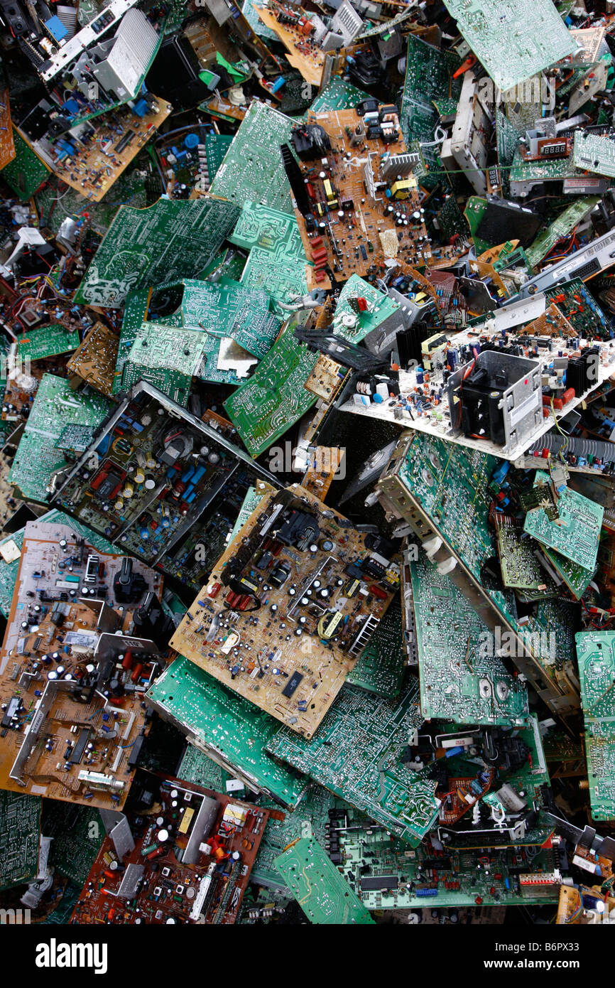 Electronic scrap, old used computer parts for recycling Stock Photo