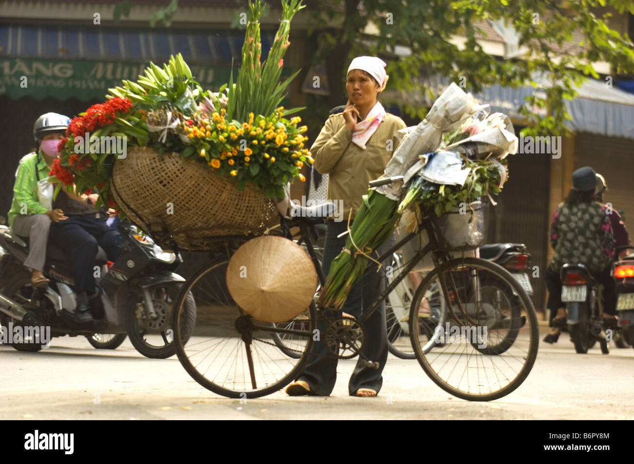 Mulher Vietnamita Com Bicicleta Vendendo Flores Coloridas No Mercado De Rua  Da Cidade Velha Em Hanói, Vietnã Foto Royalty Free, Gravuras, Imagens e  Banco de fotografias. Image 163322112