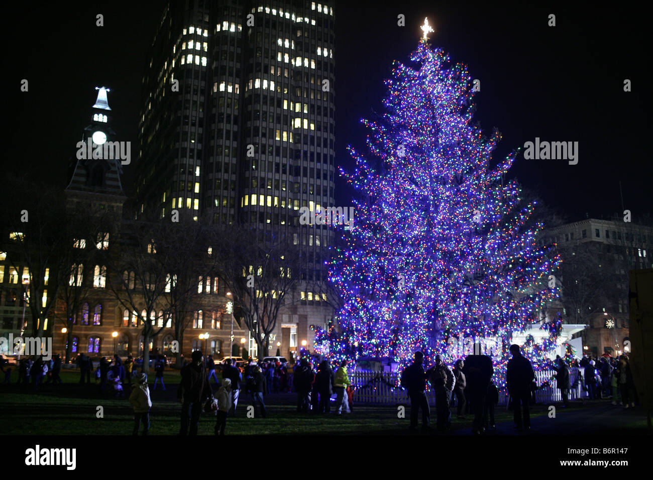 New Haven Connecticut Christmas Tree moments after it was lit. The New Haven City tree used LED lights to conserve energy. Stock Photo