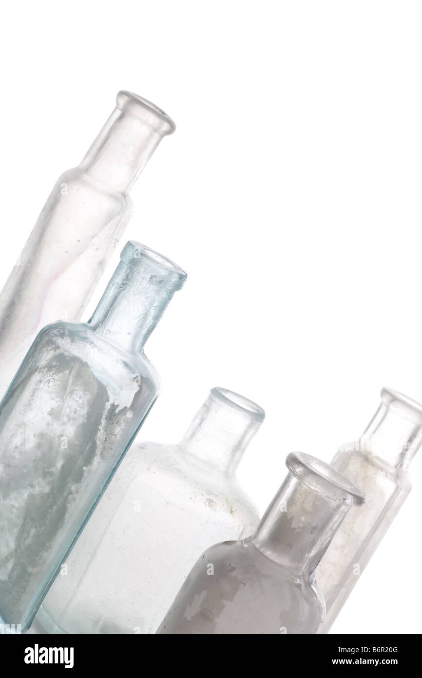 Antique bottles on white isolated background Stock Photo