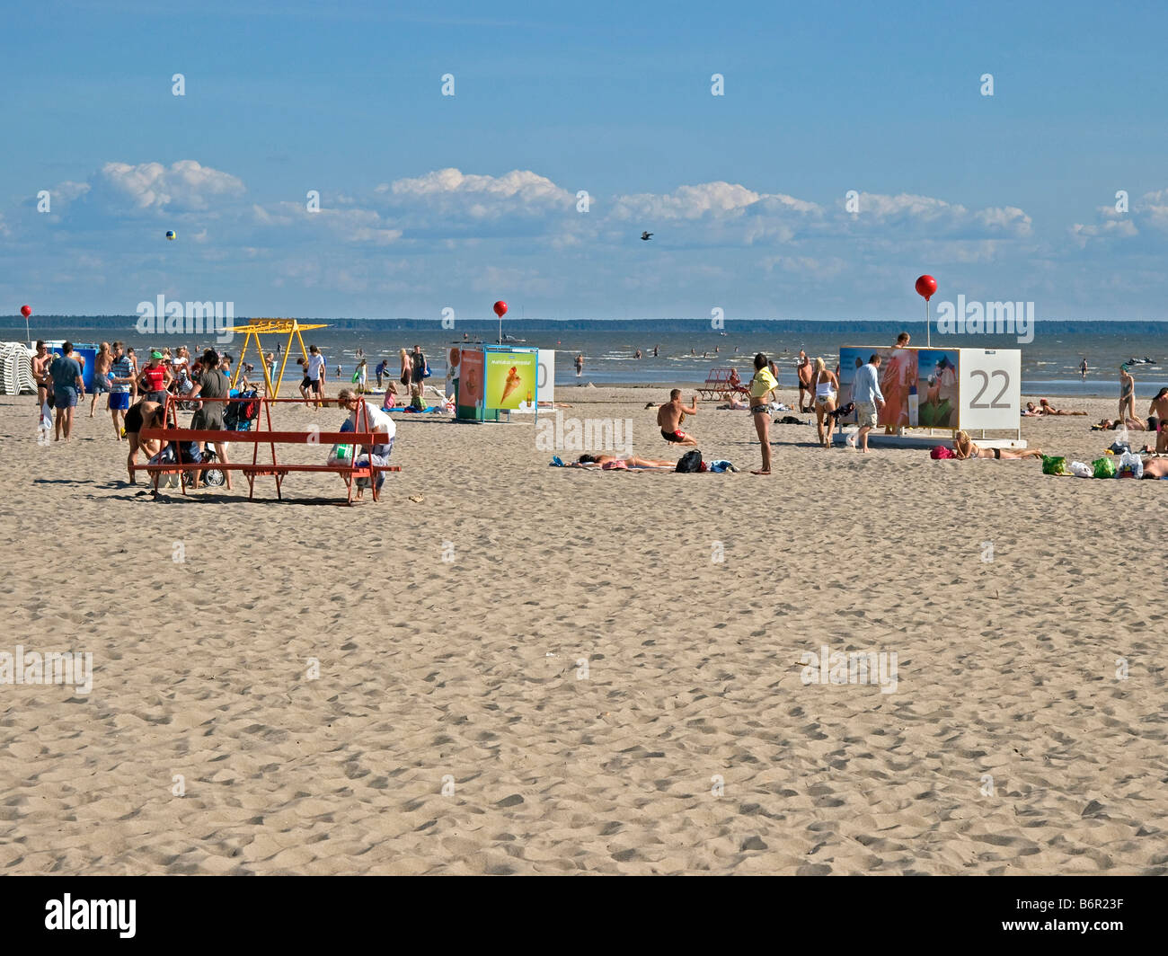 cubicles on beach at Baltic Sea people on vacation at beach swimming in summer in Pärnu Estonia Baltic states Stock Photo