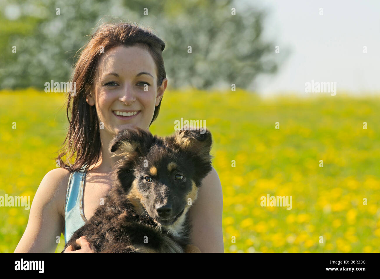 Young woman with a two months old Australian shepherd dog Stock Photo