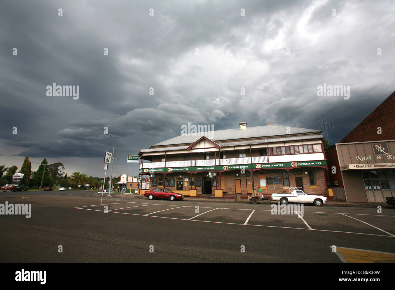An electrical storm hovers over the Australian Hotel in the New South Wales country town of Wingham Stock Photo