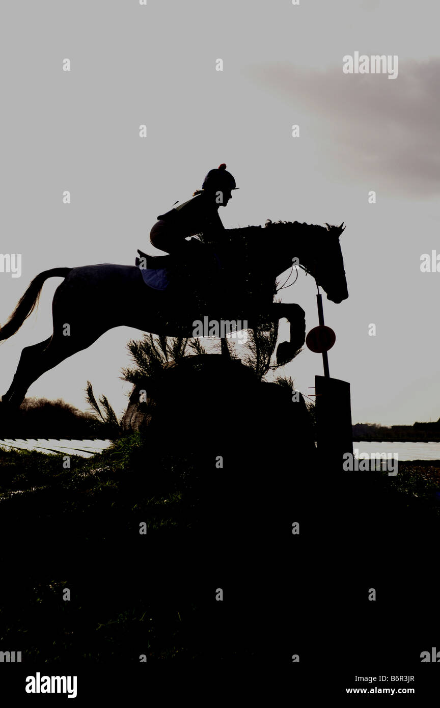 Backlit rider and horse jumping cross country fence Stock Photo