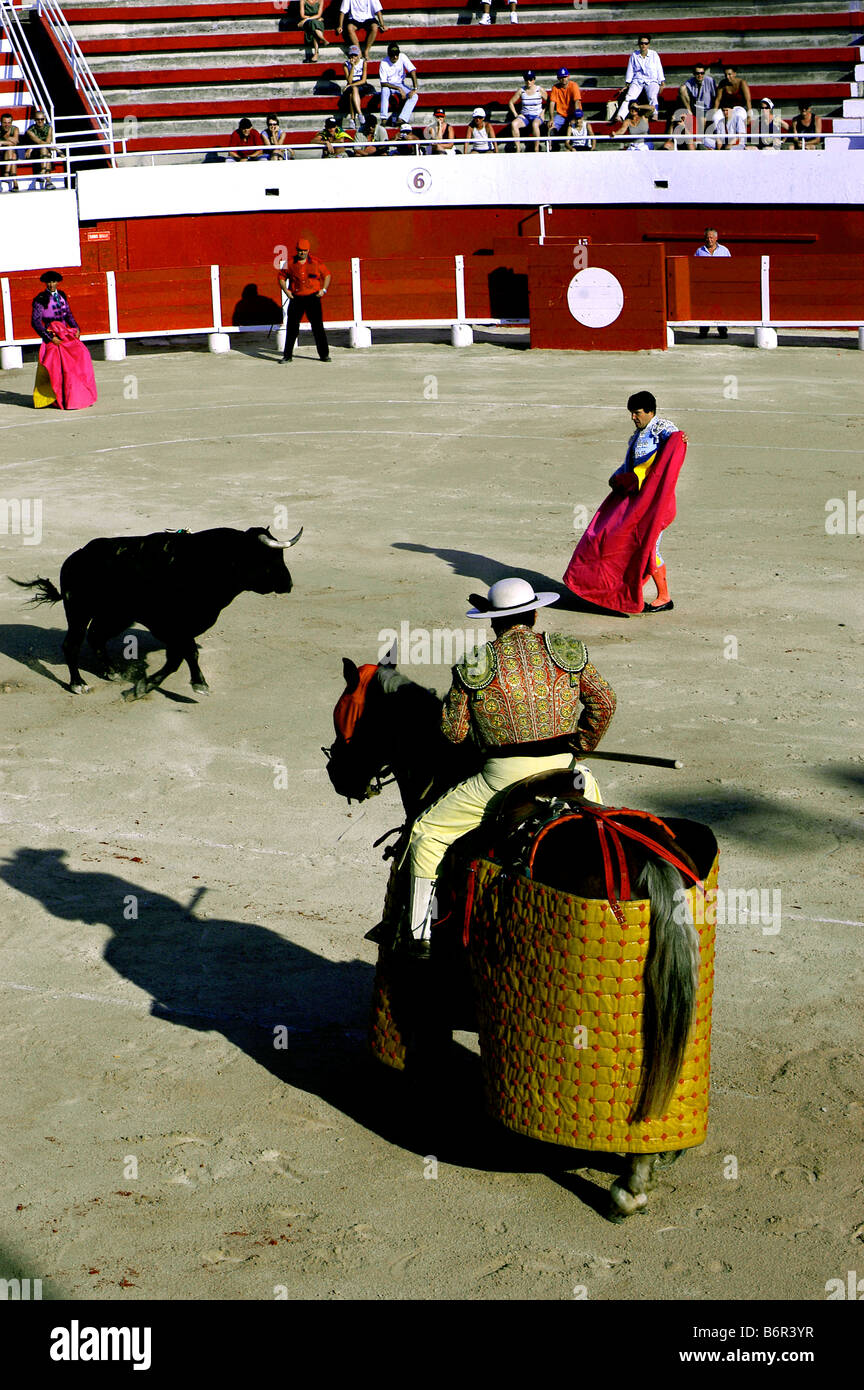 Montpelier France, Horse Men, Bullfighting Matadors in Bull Fight, Pavalas Arena, public stadium of France Stock Photo