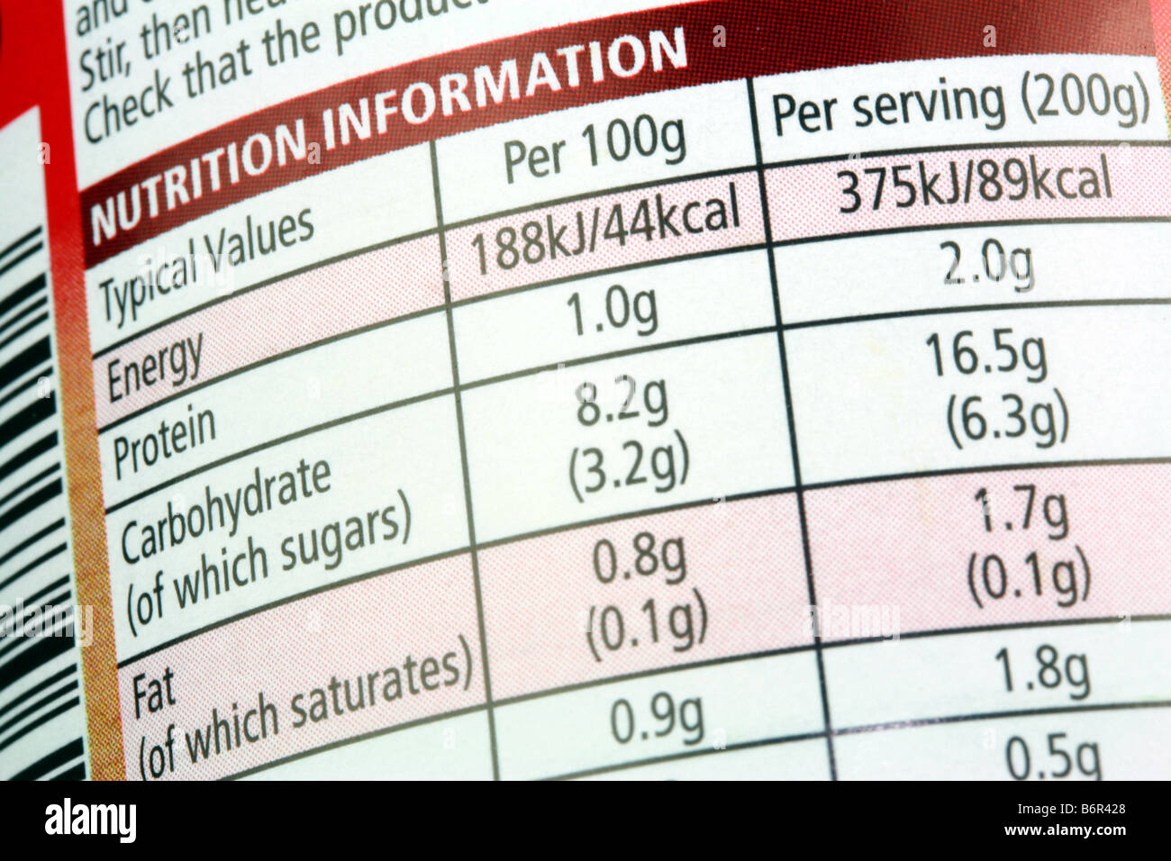 Nutrition Information printed on packaging label of tinned food Stock Photo