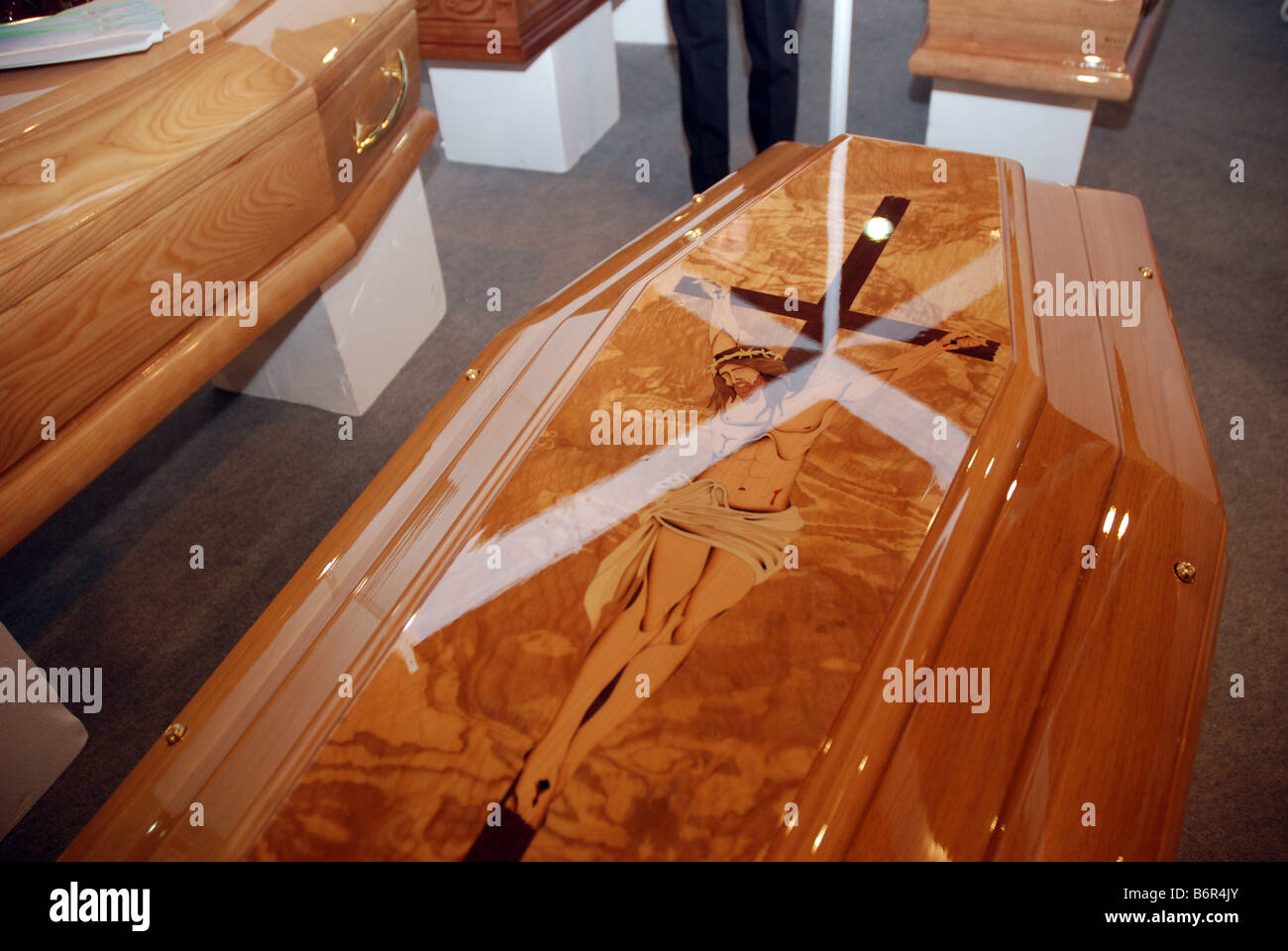 Wooden coffin with image of Jesus Christ presented on 'Memento' Funeral Expo in Warsaw, Poland Stock Photo