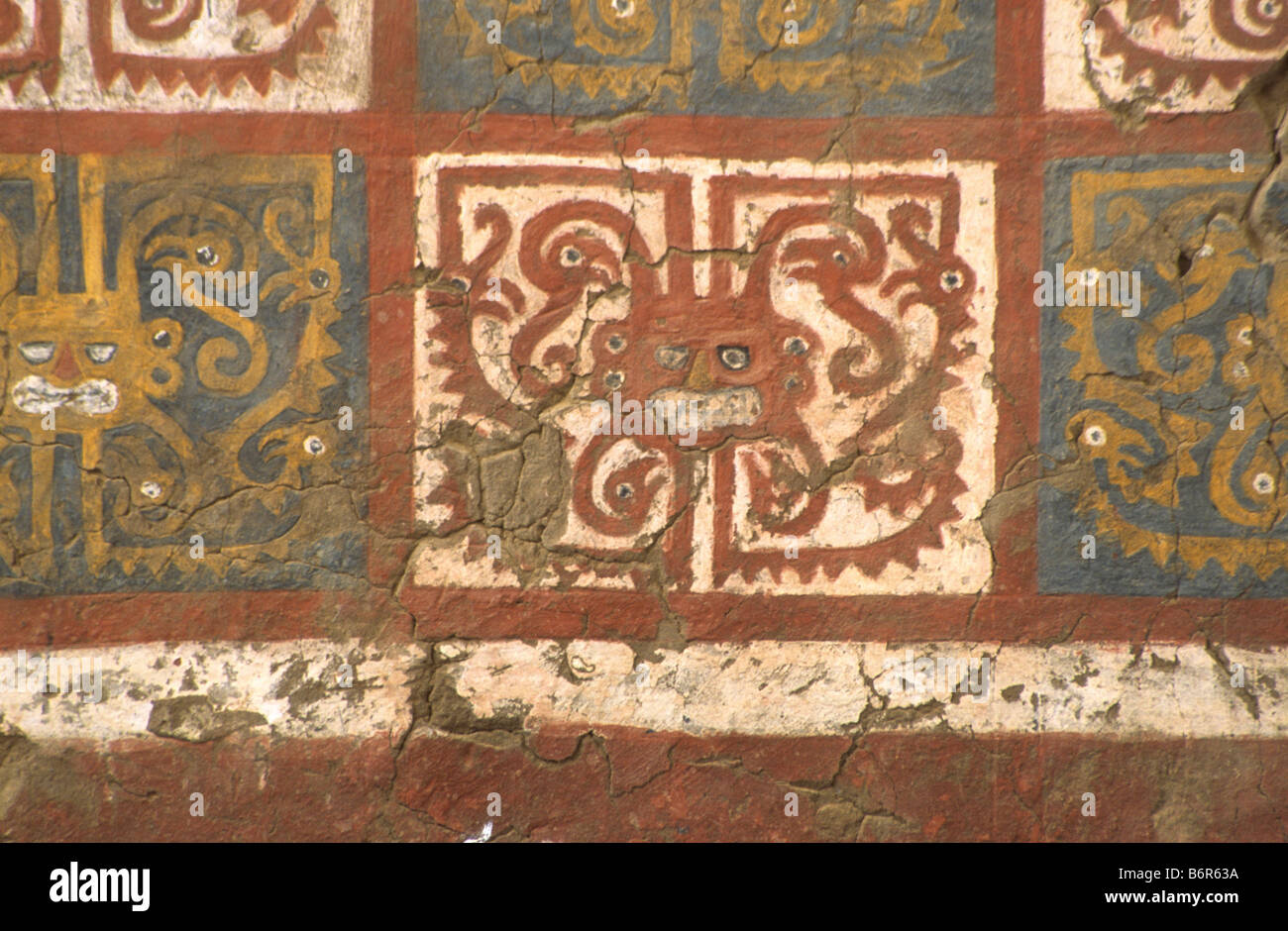 Close up of frieze of octopus deities on wall behind Great Altar, Huaca de la Luna, near Trujillo, Peru Stock Photo