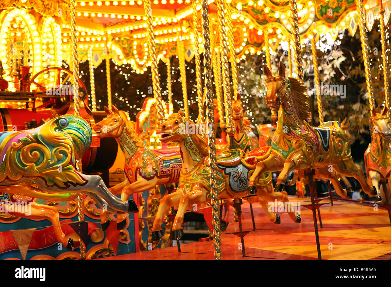 colorful carousel with lights at night Stock Photo