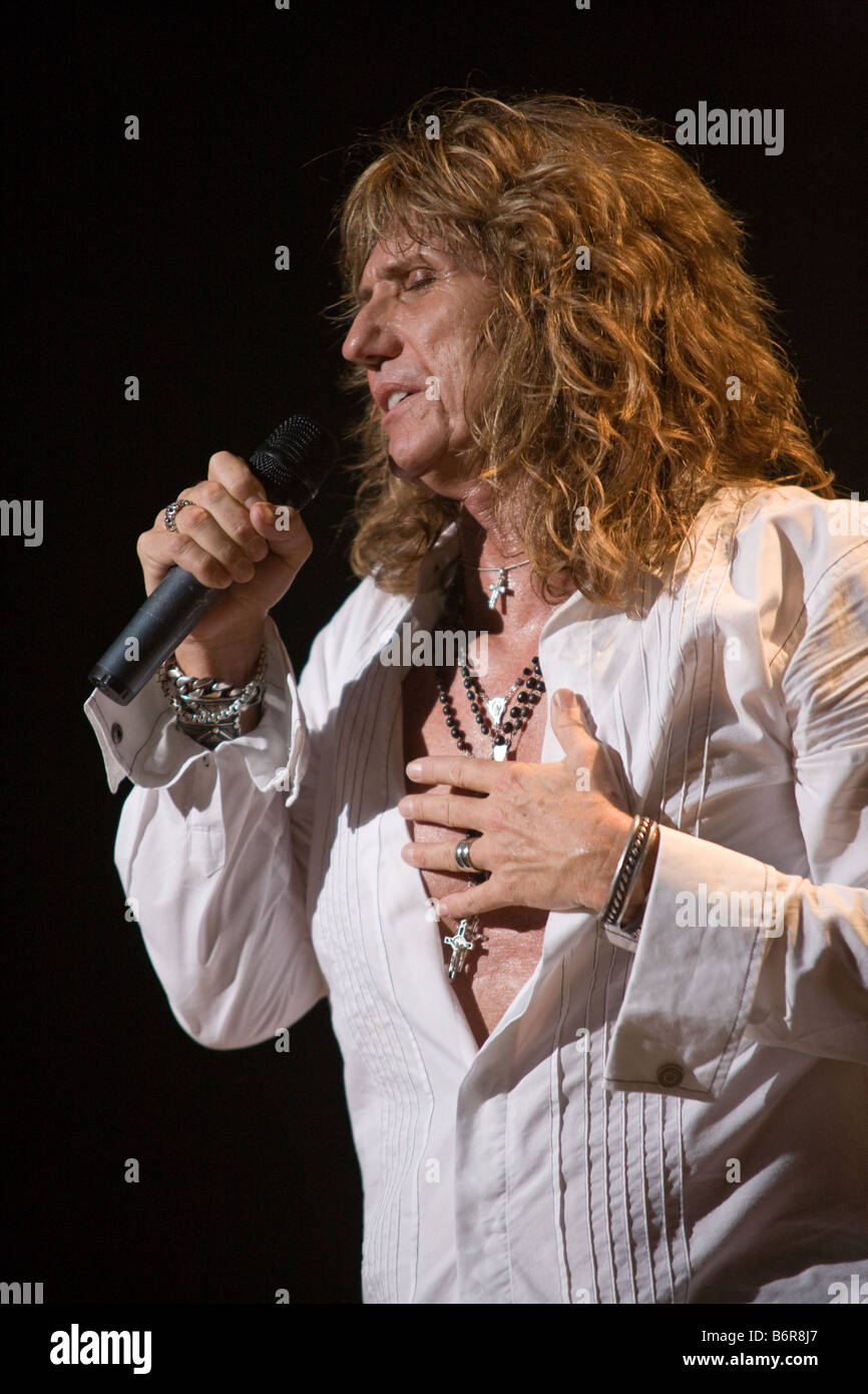 Whitesnake singer David Coverdale performing live on stage 2008 UK tour at Birmingham NEC Arena Stock Photo