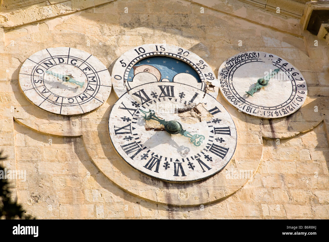 Clock tower in courtyard of Grand Master’s Palace, currently President’s office, Palace Square, Valletta, Malta Stock Photo