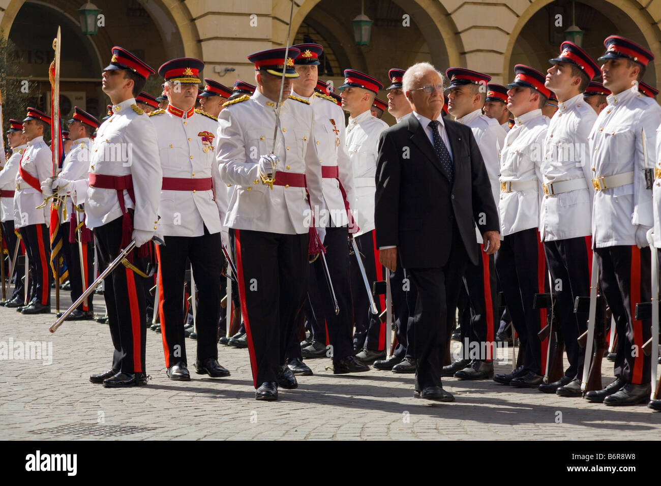 President Edward Fenech Adami, Maltese President and Soldiers, 8th September Victory Day celebrations, Valletta, Malta Stock Photo