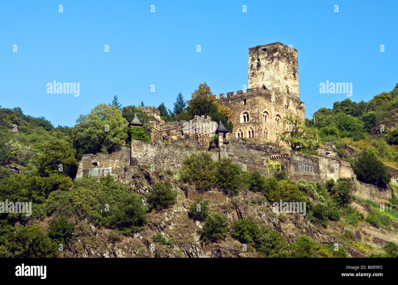 Gutenfels Castle overlooking Rhine River at Kaub Stock Photo