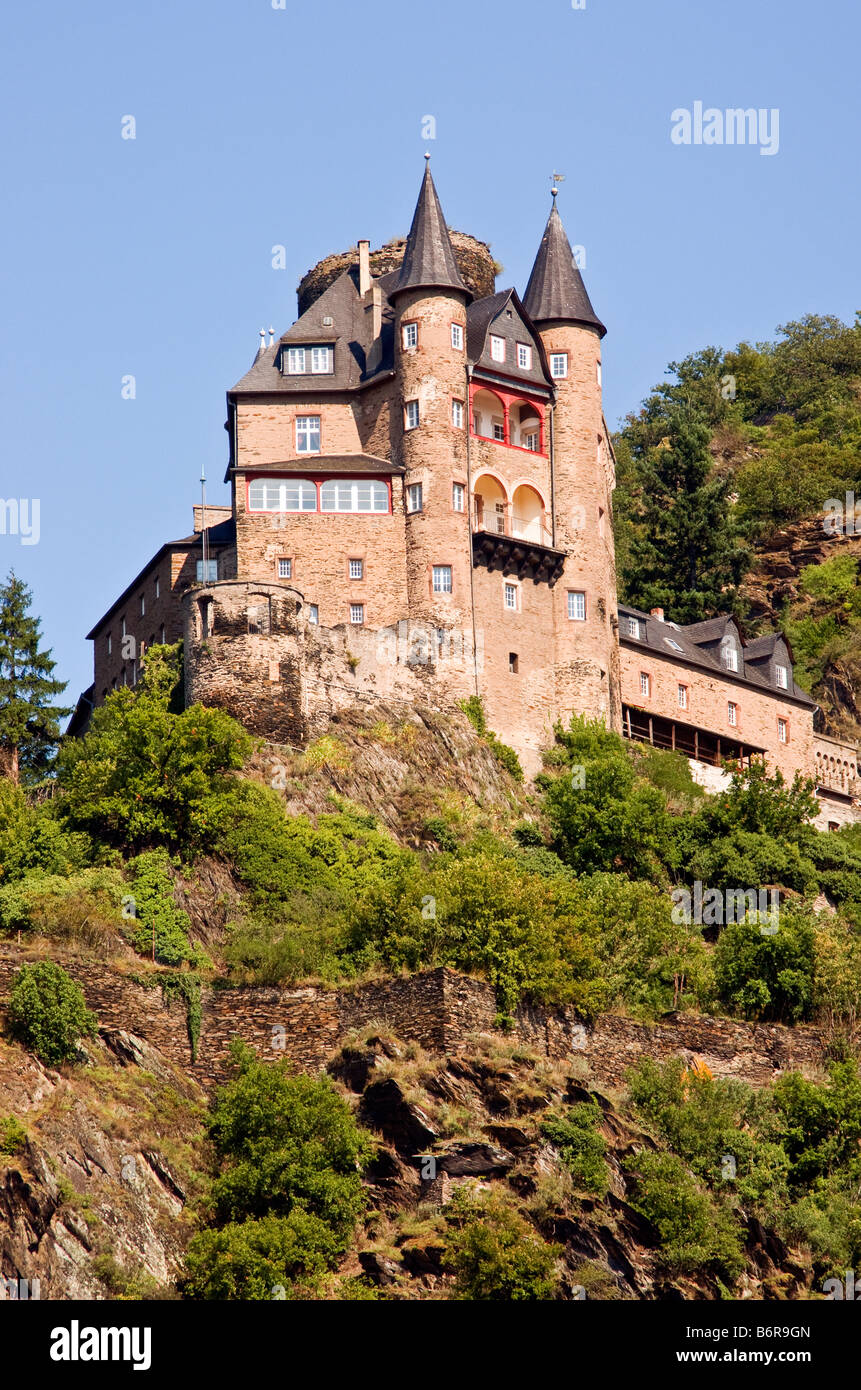 Katz Castle (Burg Katz) overlooking town of St. Goarshausen and Rhine River Stock Photo