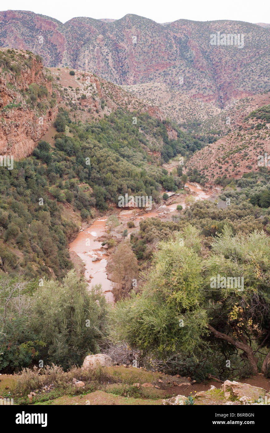 Cascades d'Ouzoud Tanaghmeilt Azilal Morocco View down El Abid River gorge below Ouzoud waterfalls in Middle Atlas mountains Stock Photo
