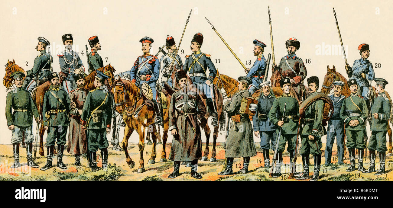 Russian soldiers including Cossacks, dragoons, and sailors circa 1900. Color lithograph Stock Photo