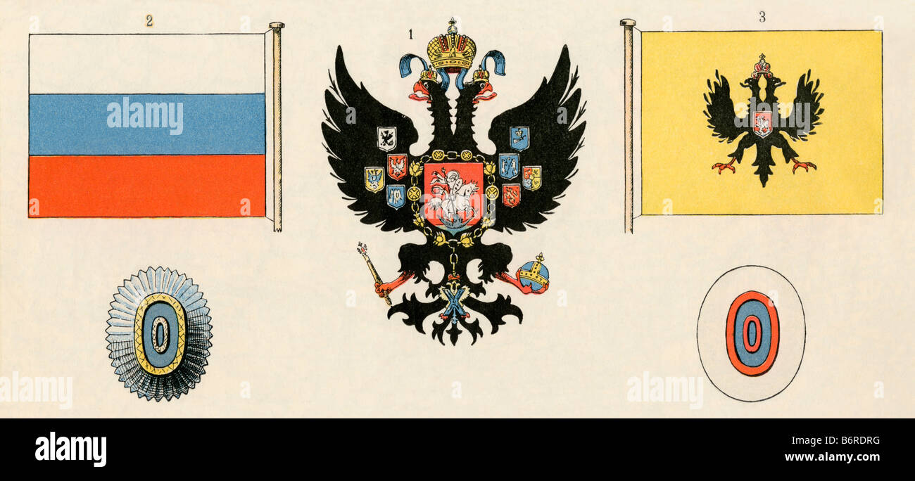 Russian flag, right, and imperial coat of arms, center, under Nicholas II circa 1900. Color lithograph Stock Photo