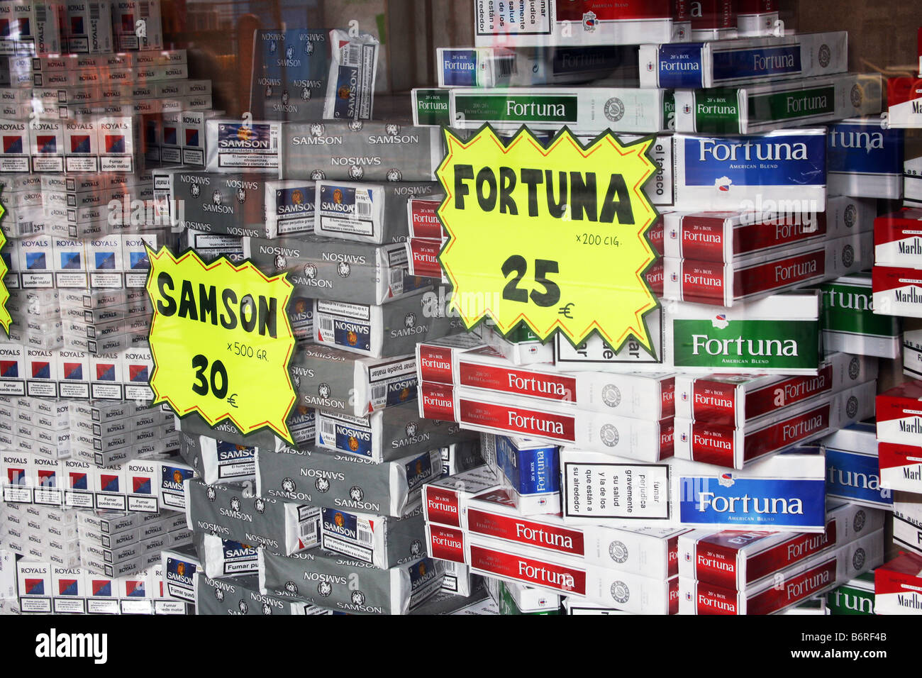 200 packets of cigarrettes for sale in a tobacco shop in Palma Nova Stock  Photo