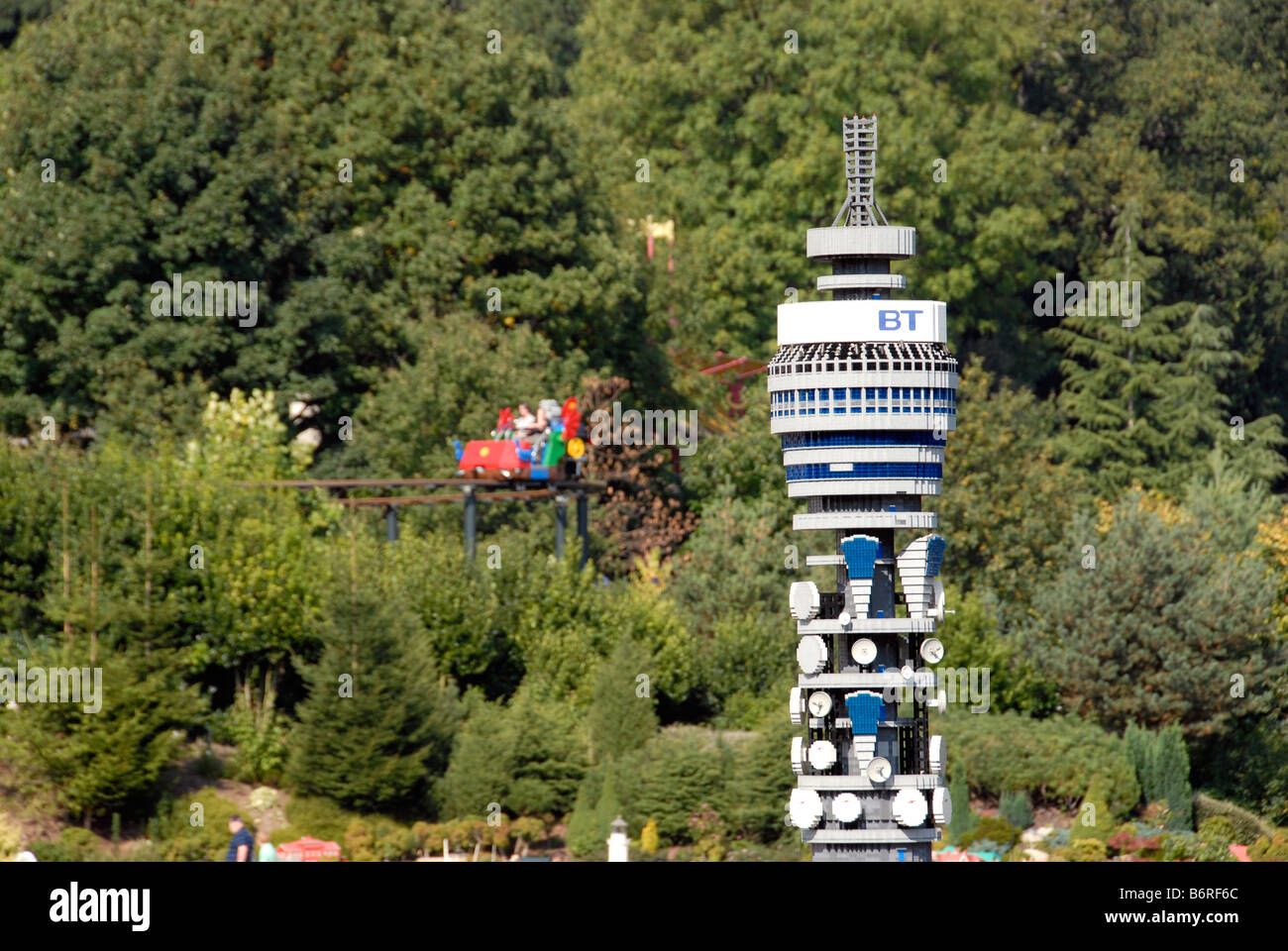 View of Miniland showing model of the BT Tower built with millions of Lego bricks at Legoland Windsor UK Stock Photo