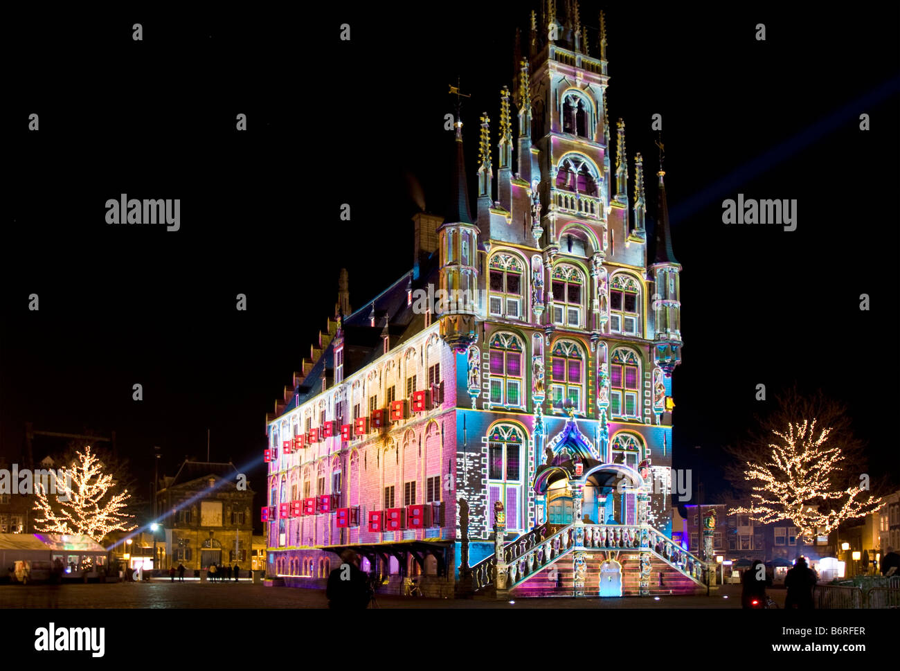 Town hall in Polychromatic Light Projection by French Artist Patrice Warrener. Market Square, Gouda, The Netherlands Stock Photo
