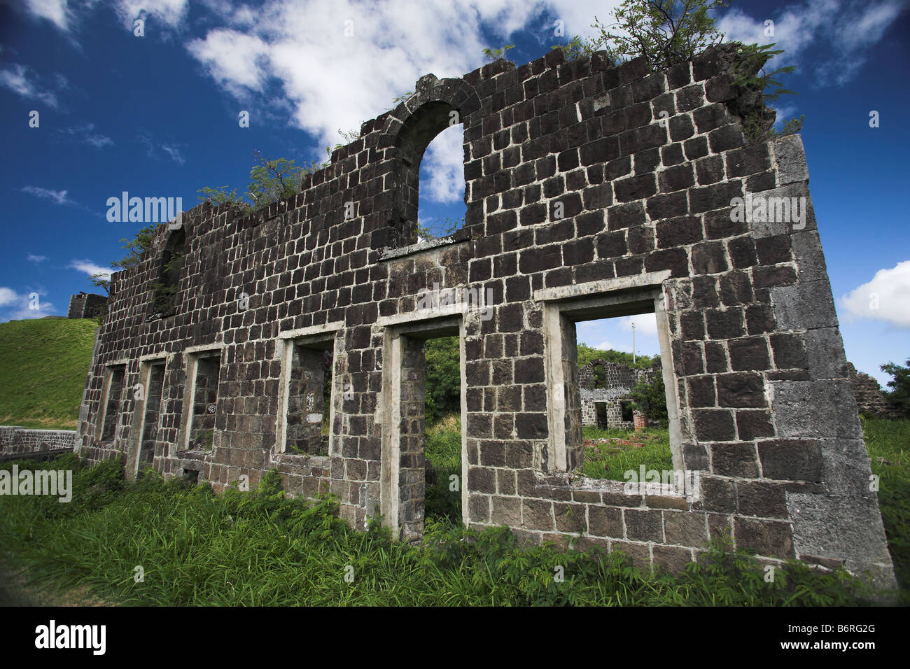 View of the old barracks at Brimstone Hill Fortress at St Kitts in the Caribbean, West Indies. Stock Photo