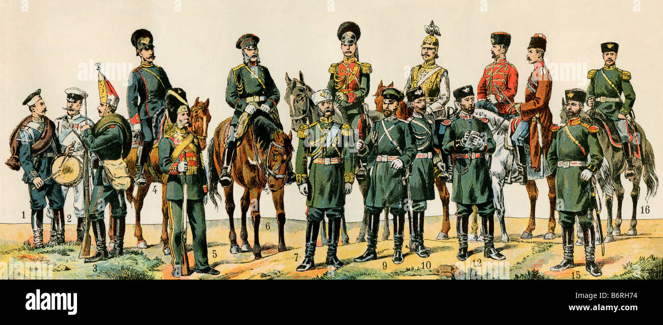 Russian military officers including Tsar Nicholas II and his Cossack guards circa 1900. Color lithograph Stock Photo