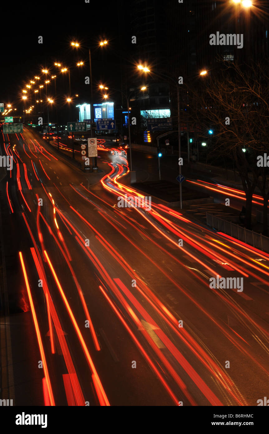 Night time car light trails, Beijing, China. Stock Photo