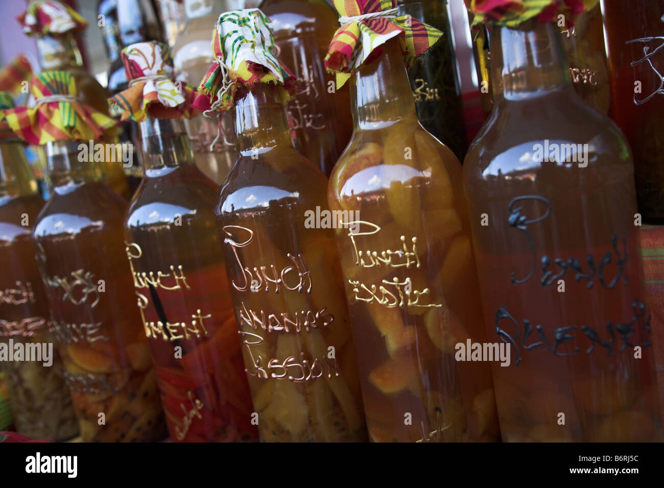 Bottles of flavoured rum in Pointe A Pitre, Grande Terre, Guadeloupe, Caribbean in the French West Indies Stock Photo