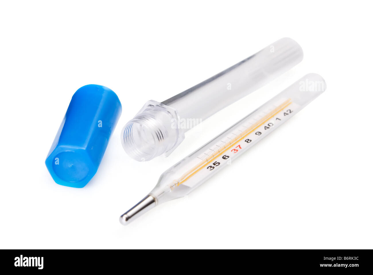 Traditional thermometer to measure body temperature with case Stock