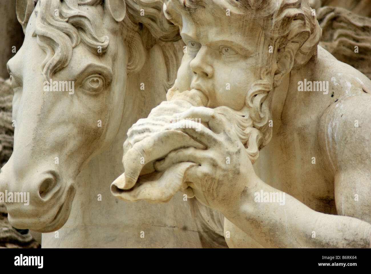 Detail of Trevi Fountain showing head of winged horse and Triton blowing conch shell Stock Photo