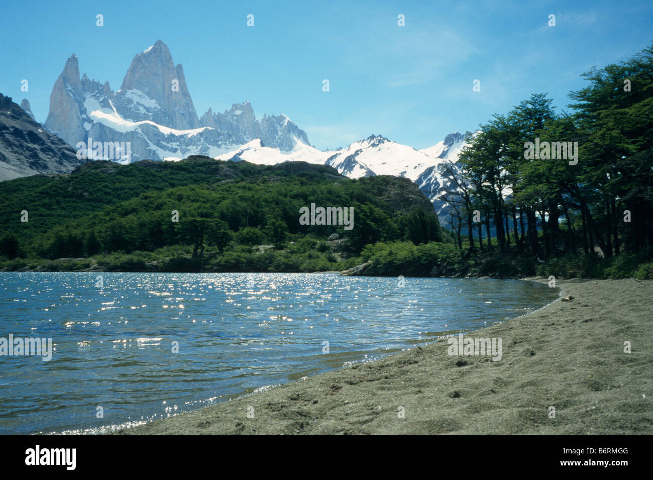 Mt. Fitz Roy seen from Laguna Capri, El Chalten, Patagonia, Argentina Stock Photo