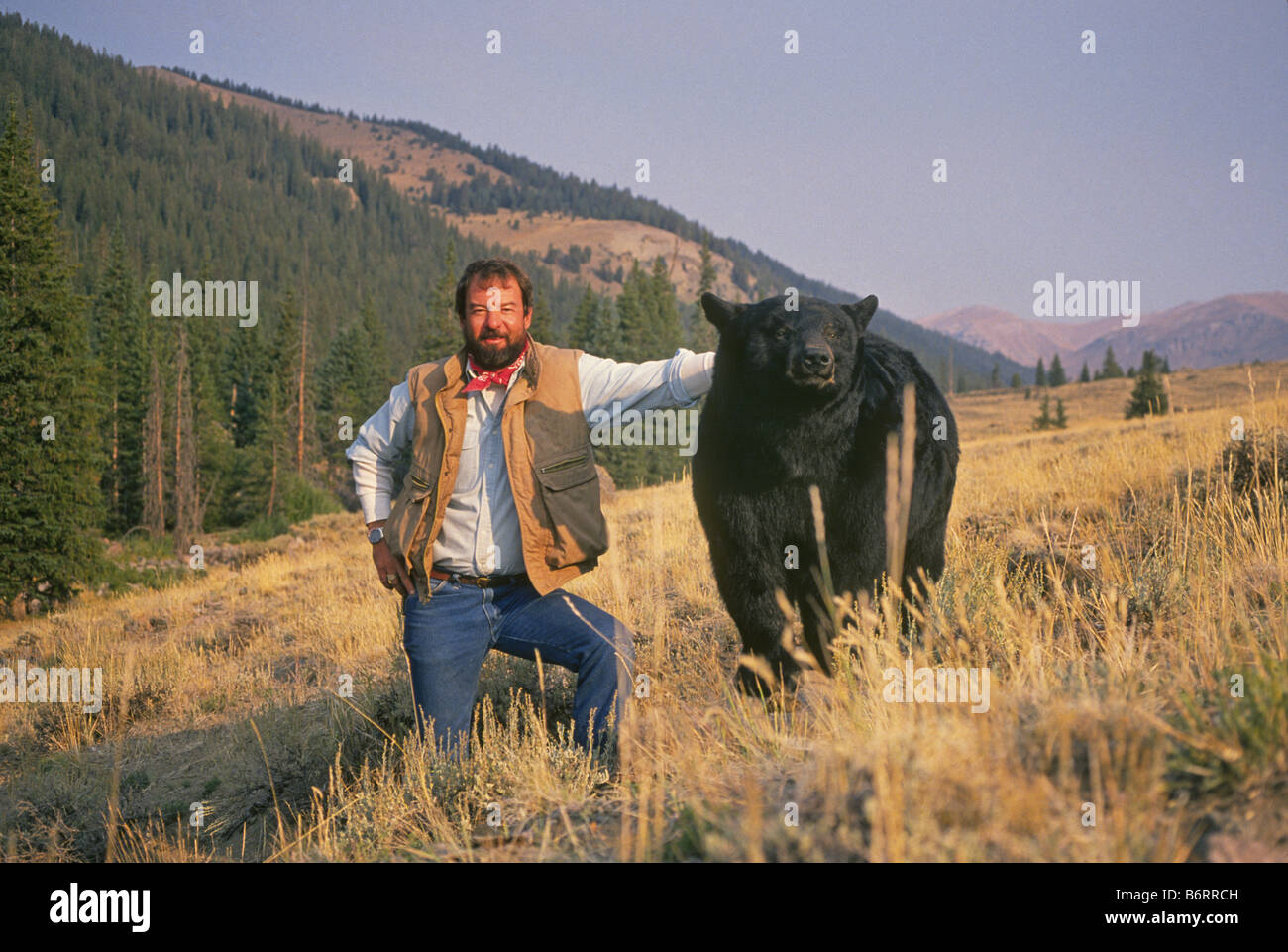 A man with his pet black bear in the Sangre de Cristo mountains of southern  Colorado Stock Photo - Alamy