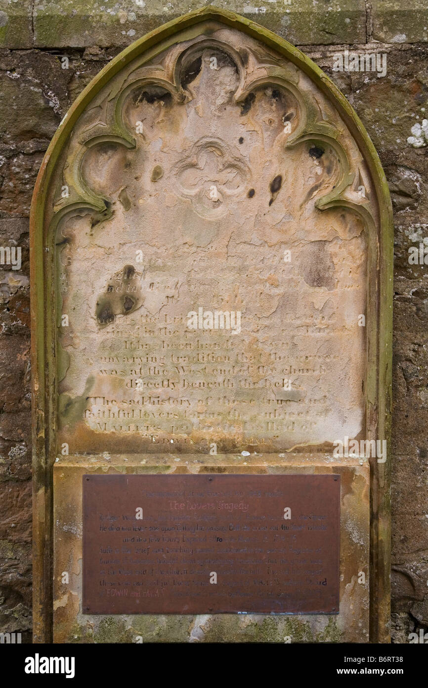 The gravestone that tells the story of the Lovers Tragedy in the St Giles churchyard in the historic village of Bowes, England. Stock Photo