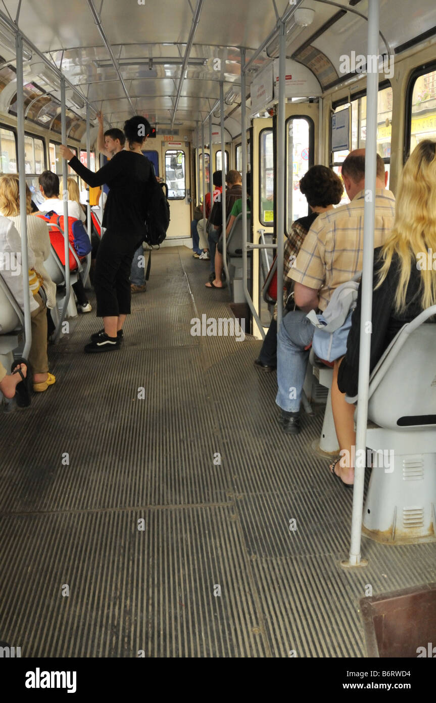 Interior of Prague tram number 24 Stock Photo