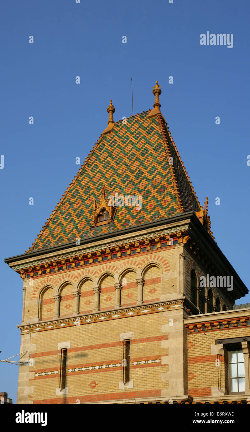 ornate tiled roof of the 1899 Hungarian covered Market Budapest Stock Photo
