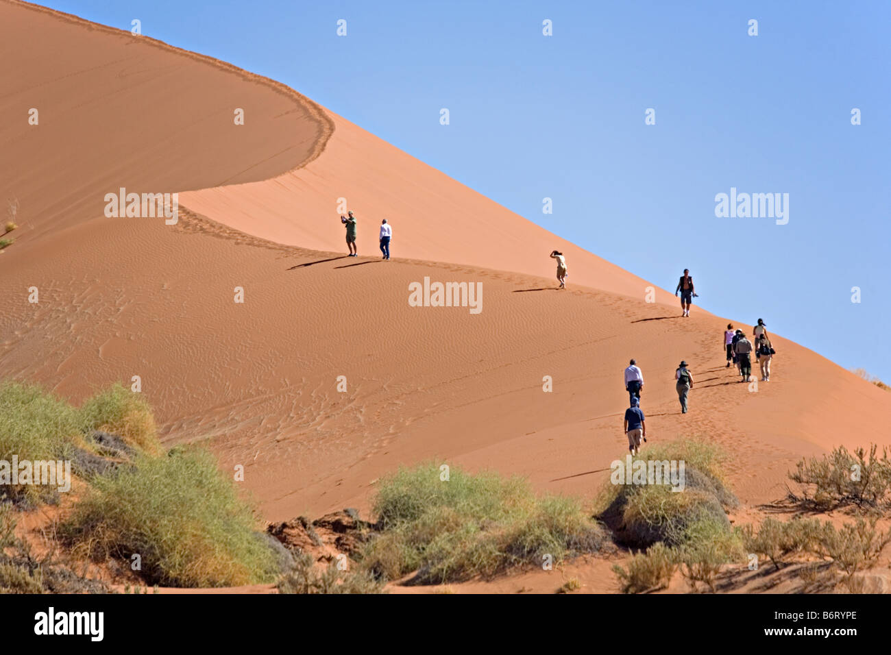 Walking on Sossusvlei sand dune in Namib Desert Namib Naukluft National Park Namibia Stock Photo