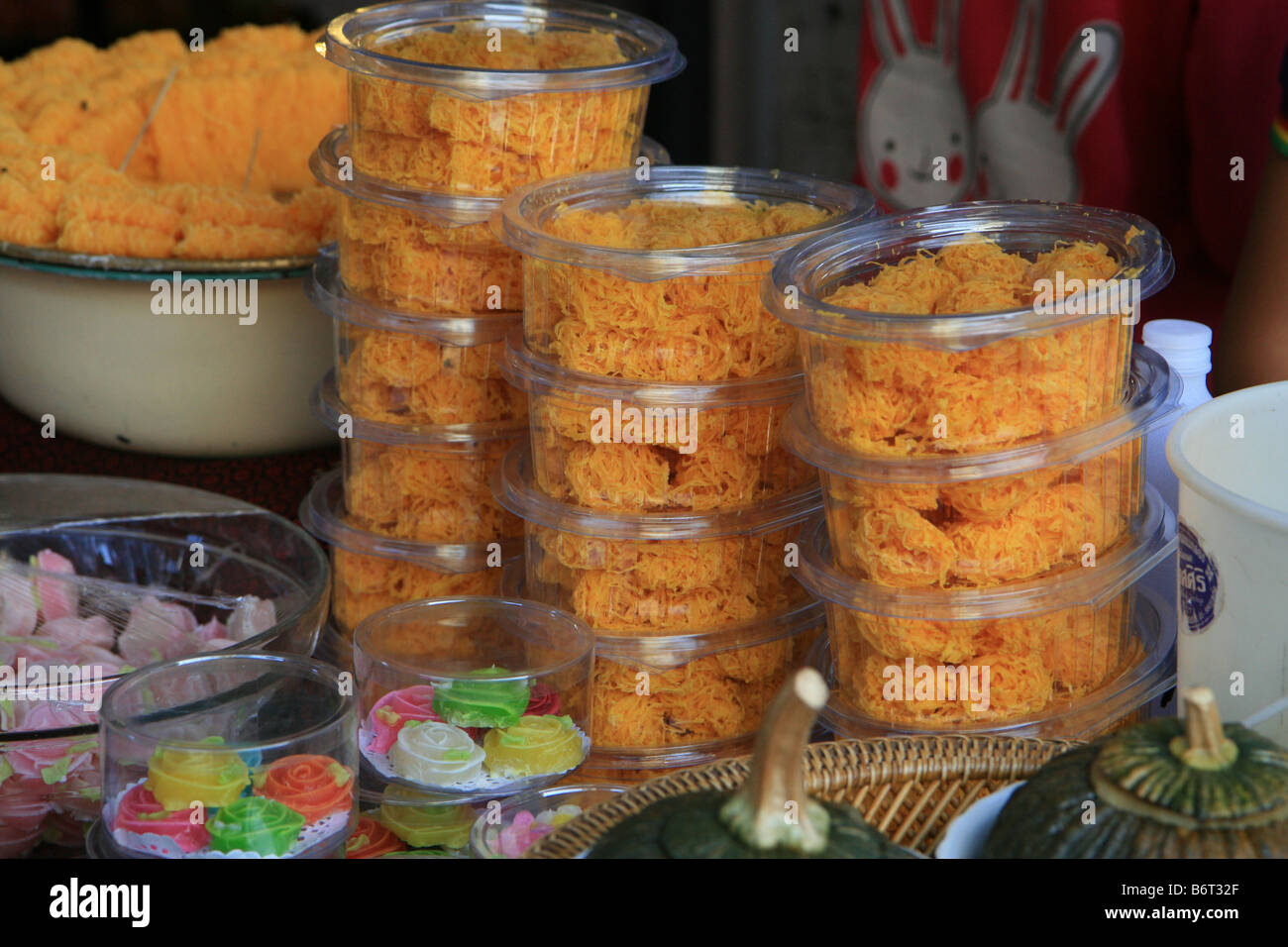 Thai desserts from Amphawa Floating Market, Thailand. Center is Foy