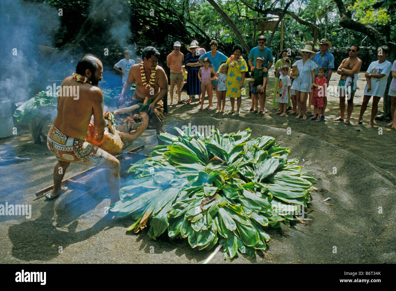 Putting the pig into the ti leaf lined imu for a luau at Kona Village