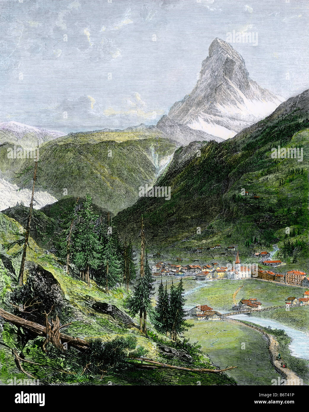 Village of Zermatt in the valley below the Matterhorn. Hand-colored woodcut of an illustration by Edward Whymper Stock Photo