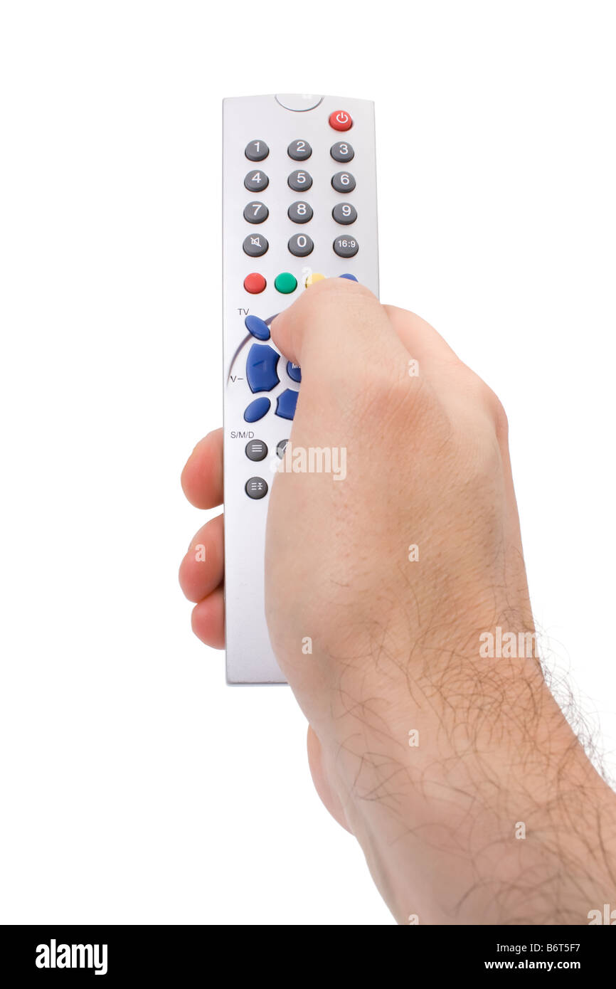 Hand holding a TV remote control isolated on white Stock Photo