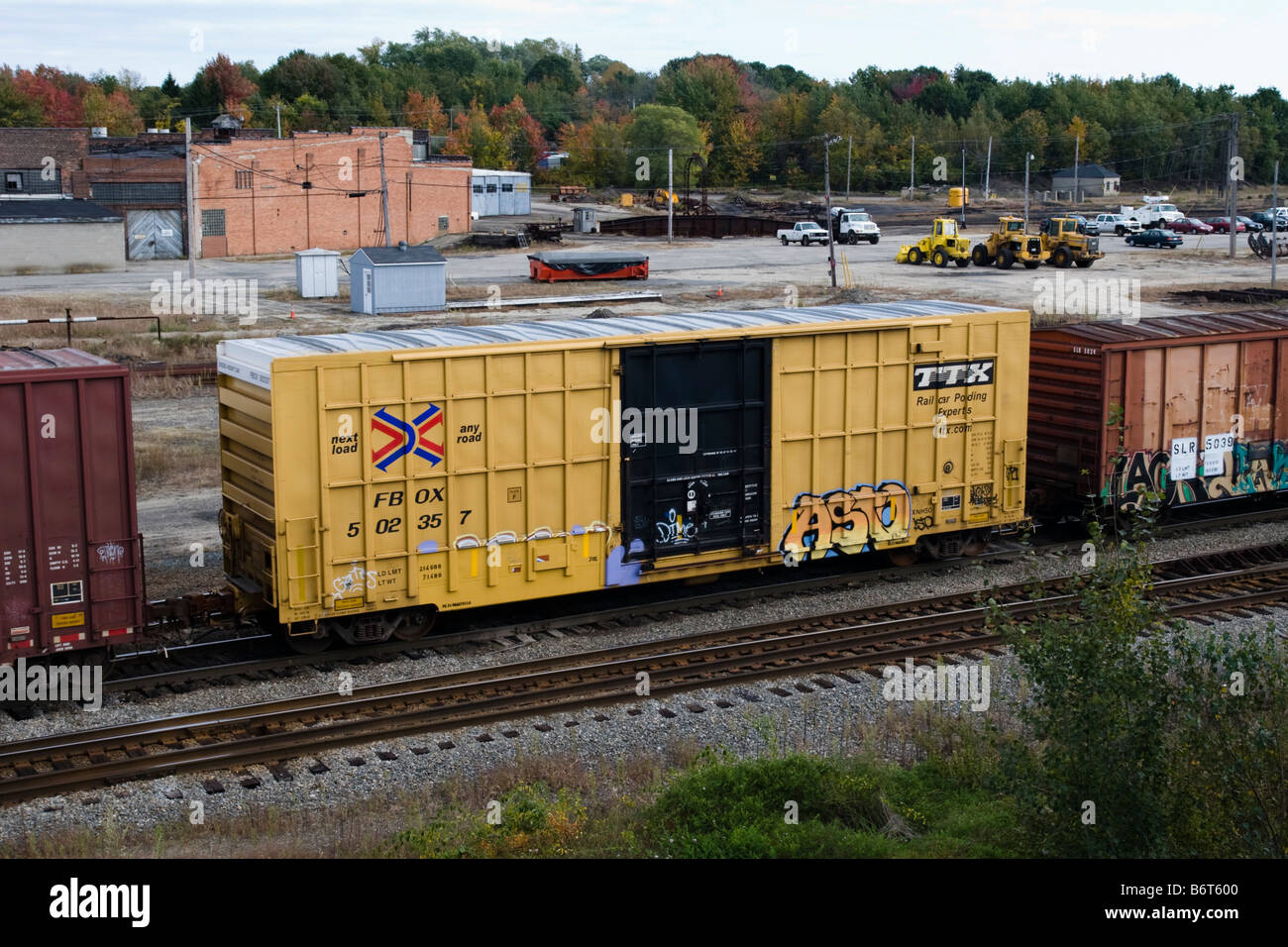 Rail Box boxcar being switched in Rigby Rail Yard South Portland ME Maine USA Stock Photo