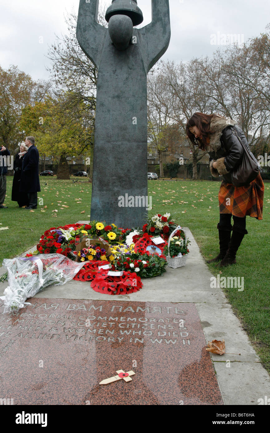A lady looking at the Remembrance Day Tributes at the Soviet War Memorial, Central London. Stock Photo