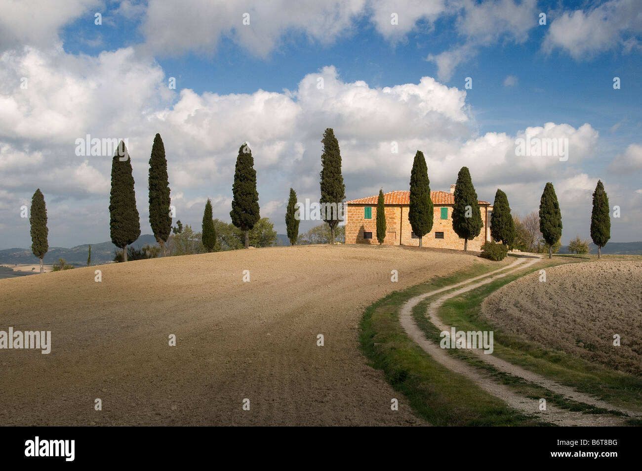 A white track across plouged fields leading to an Italian farm house with a row of cypress trees in front under blue skies Stock Photo