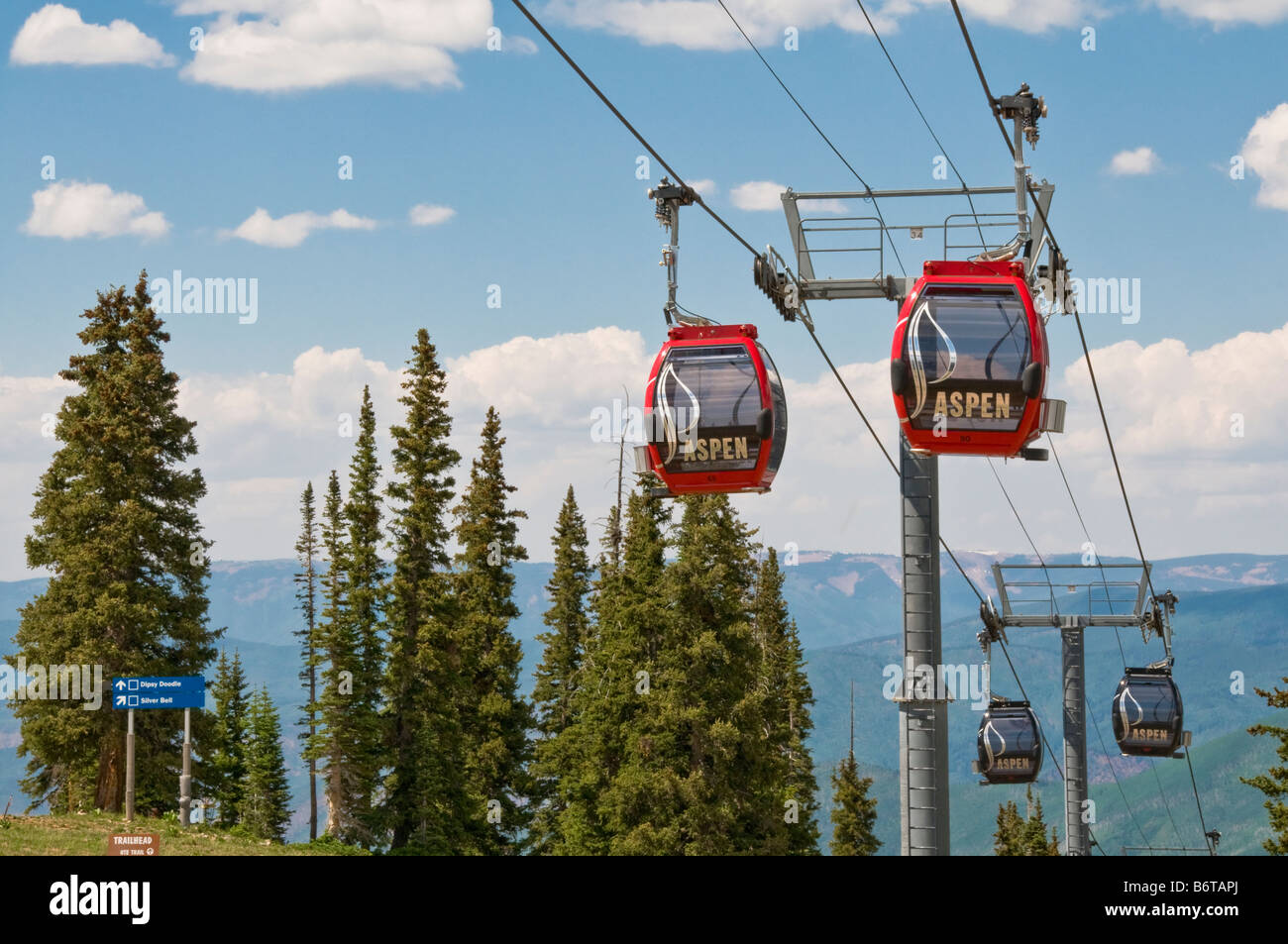 The Silver Queen Gondola travels 2.5 miles from downtown Aspen to the 11,212 foot summit of Aspen Mountain. Stock Photo