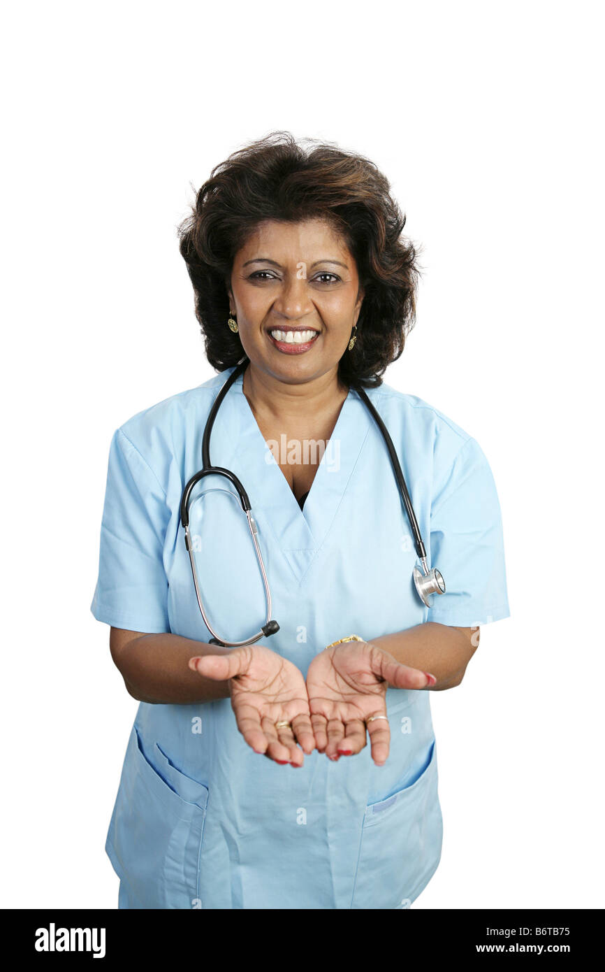 A doctor or nurse in scrubs holding out her hands palms up Isolated on white Stock Photo Alamy