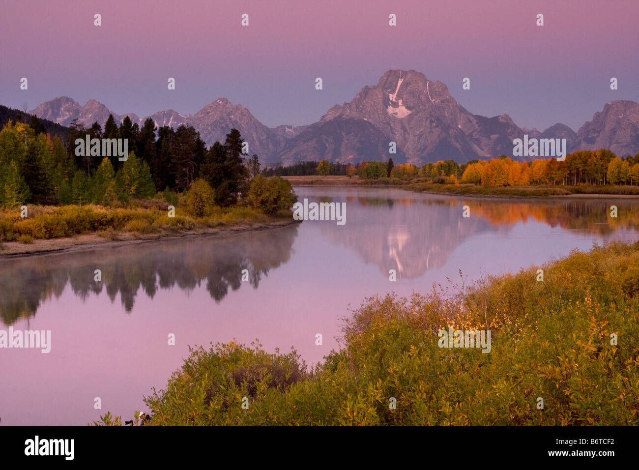 Mount Moran reflected in the ancestral Snake River at Oxbow Bend Grand Teton National Park Wyoming Stock Photo