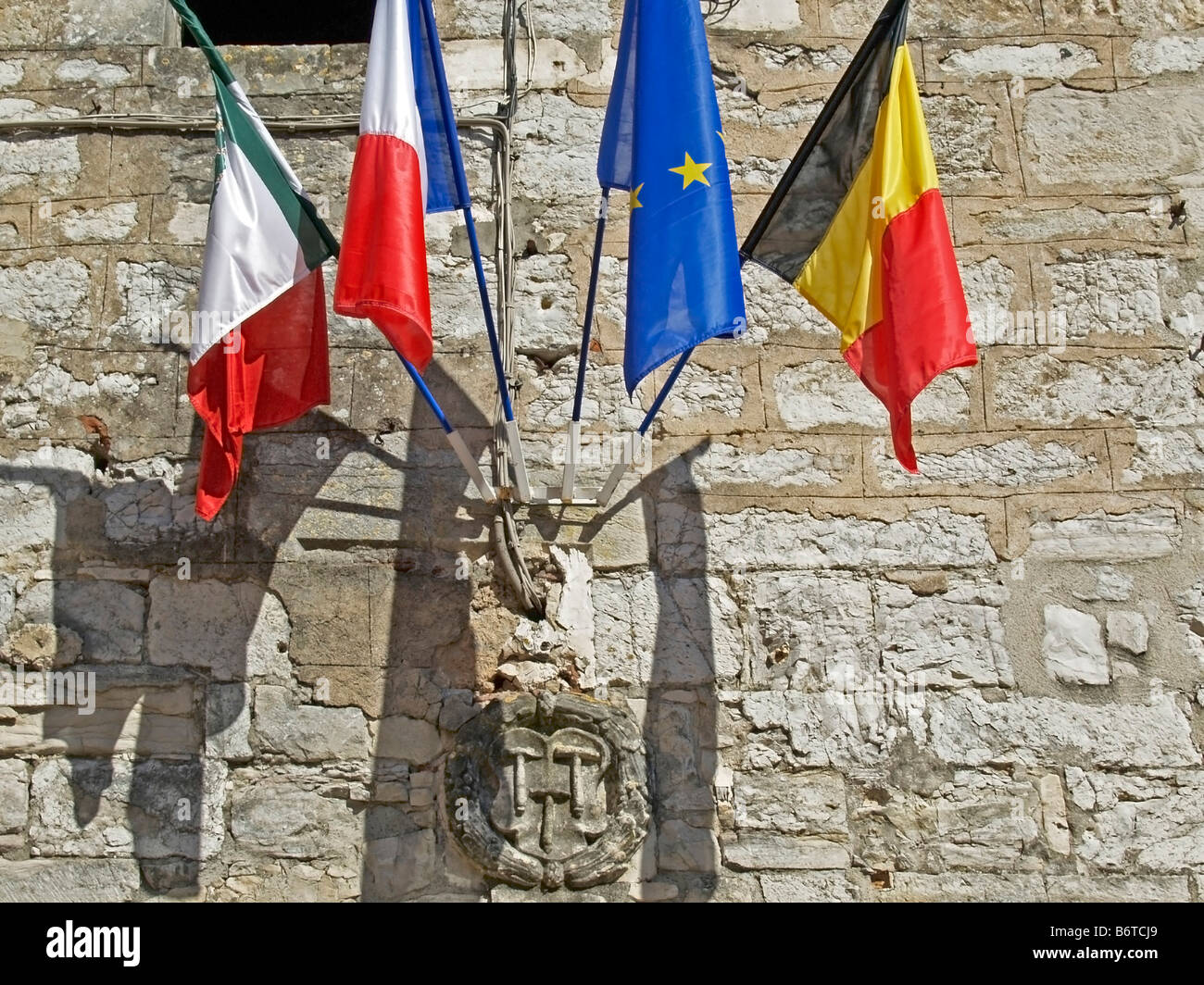 different flags hanging an wall flag of Germany France and Europe Stock  Photo - Alamy
