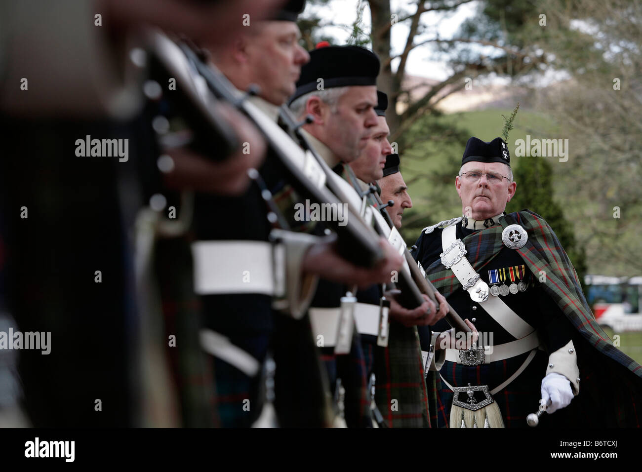 The Atholl Highlanders on parade at Blair Castle Blair Atholl The Atholl Highlanders are Europe's only remaining private army Stock Photo