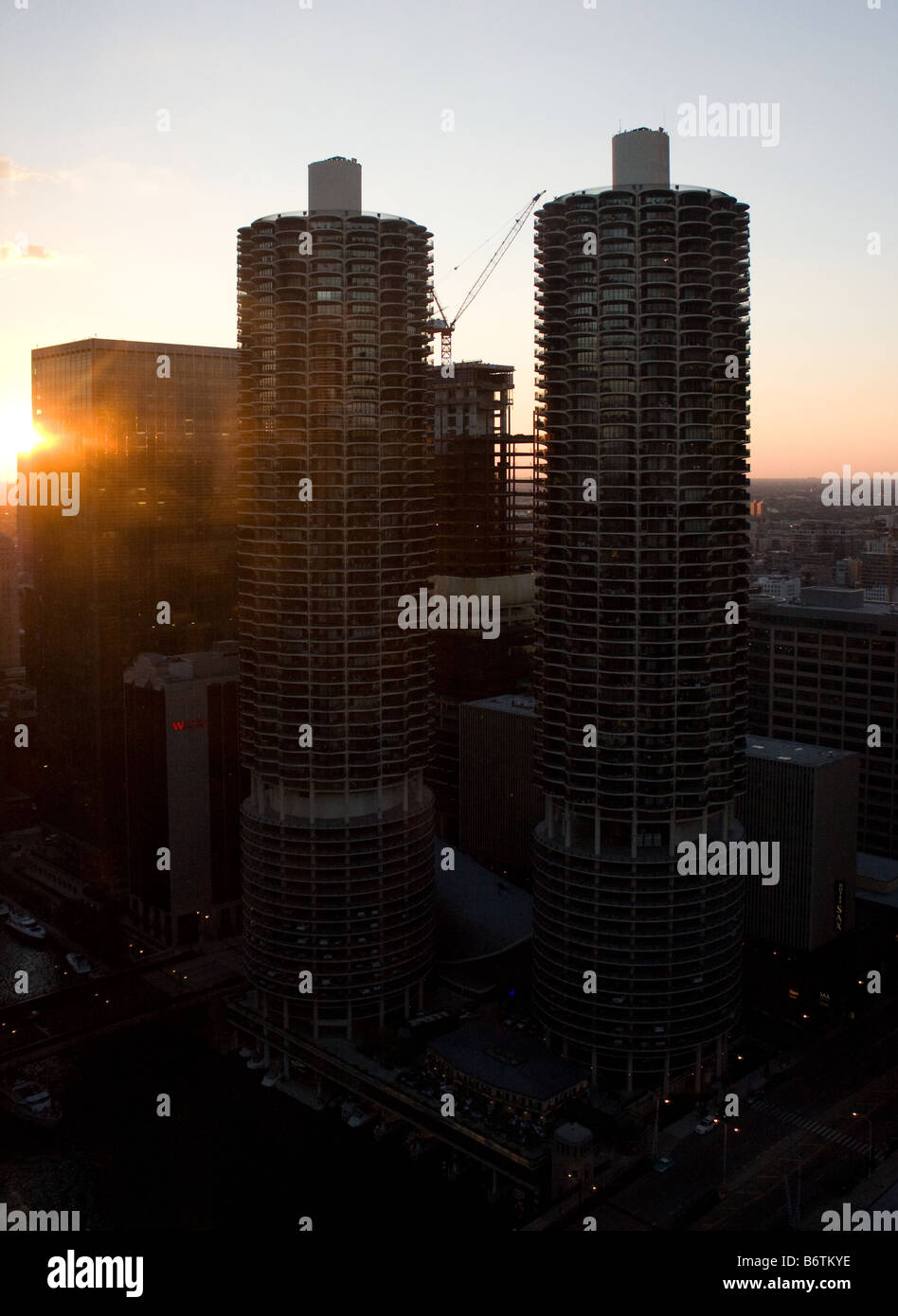 Marina City towers in Chicago at sunset Stock Photo