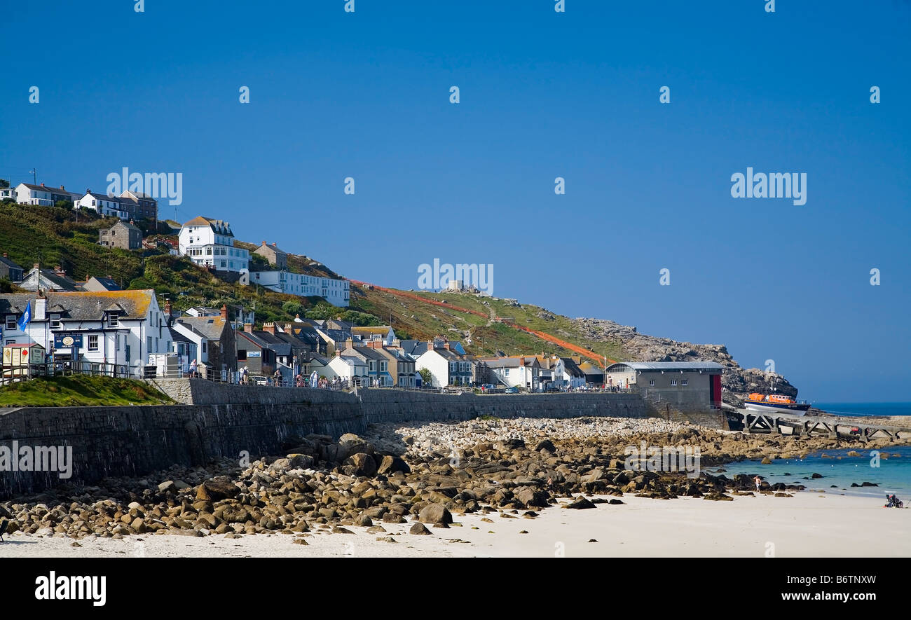 Sennen Cove Village West Cornwall, UK showing lifeboat on ramp Stock Photo